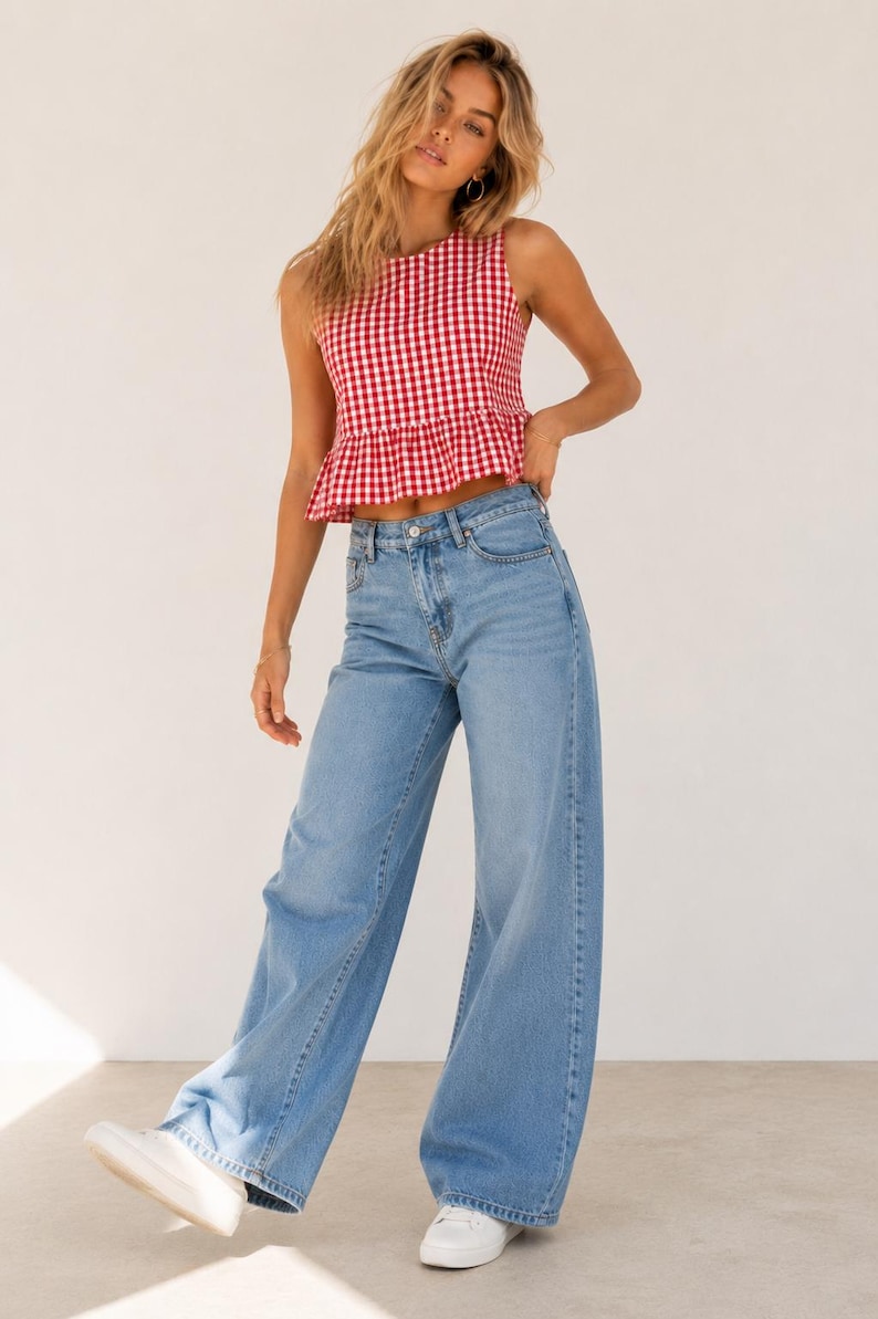 May include: A sleeveless red and white gingham peplum top paired with light blue wide-leg denim jeans and white sneakers. The top features a round neckline and a ruffled hem, while the jeans have a classic five-pocket design and a button fly.