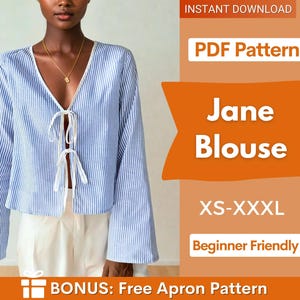 Patrón de costura de blusa con lazo delantero / Patrón de costura superior / Patrón de costura para mujer, Patrón de blusa con lazo, Patrón superior, Patrón de blusa para mujer