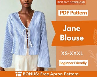 Front Tie Blouse Sewing Pattern | Top Sewing Pattern | Women Sewing Pattern, Tie Top Pattern, Top Pattern, Women Blouse Top Pattern