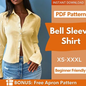 Shirt Pattern for Women, Flared Sleeves Shirt, Bell Sleeves Shirt Sewing Pattern, Button Up Shirt, Sewing patterns for Women, Blouse Pattern