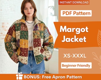 May include: A quilted jacket with a patchwork design in shades of red, green, yellow, and blue. The jacket has a zipper closure and a stand-up collar. The text "Margot Jacket" is displayed on the image, along with "XS-XXXL" and "Beginner Friendly".