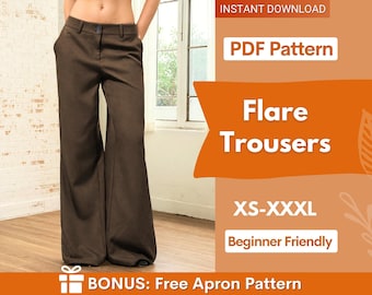 Flare Trousers Sewing Pattern | XS-XXXL | Sewing Patterns | Pants Sewing Pattern, Wide Leg Pants Pattern | Sewing Pattern Pants Women Sewing