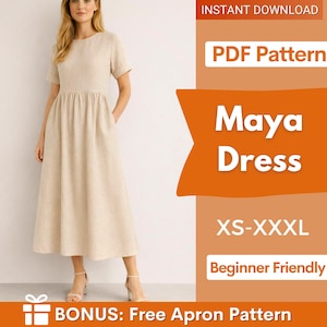 Op de afbeelding: Een vrouw draagt een beige linnen Maya-jurk met korte mouwen en een gerimpelde taille. De jurk is een PDF-patroon, verkrijgbaar in maten XS-XXXL, en is geschikt voor beginners. De tekst "BONUS: Free Apron Pattern" is ook aanwezig.