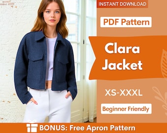 May include: A navy blue cropped jacket with a collar, long sleeves, and two front chest pockets. The text on the image reads: INSTANT DOWNLOAD, PDF Pattern, Clara Jacket, XS-XXXL, Beginner Friendly, BONUS: Free Apron Pattern.