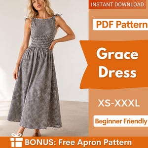 Könnte beinhalten: Ein schwarz-weißes Kleid mit Vichy-Karo-Muster, gesmoktem Oberteil und Trägern zum Binden. Das Bild enthält den Text: INSTANT DOWNLOAD, PDF Pattern, Grace Dress, XS-XXXL, Beginner Friendly und BONUS: Free Apron Pattern.