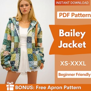 Könnte beinhalten: Eine Kapuzenjacke im Patchwork-Stil mit quadratischen Stoffen in Grün-, Blau-, Rosa- und Gelbtönen. Die Jacke ist mit einem Reißverschluss versehen und wird über einem weißen Oberteil getragen. Der Text auf dem Bild lautet "Bailey Jacket" und "XS-XXXL".