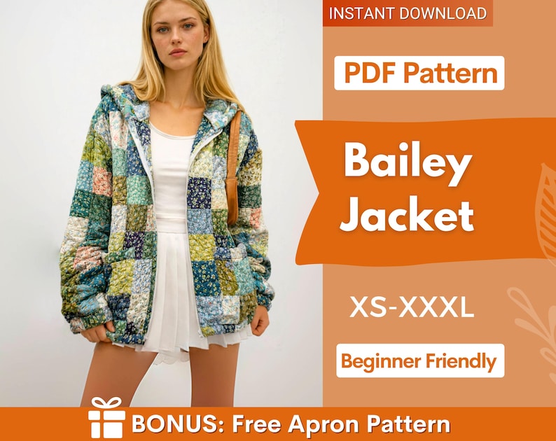 May include: A patchwork jacket with a hood, featuring a mix of floral and solid fabric squares in shades of green, blue, pink, and yellow. The jacket is zipped up and worn over a white top. Text on the image reads "Bailey Jacket" and "XS-XXXL".