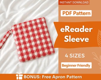 May include: A red and white checkered eReader sleeve with a matching wrist strap. The sleeve is quilted and has a zipper closure. The image also includes text that says "eReader Sleeve", "PDF Pattern", "4 Sizes", and "Beginner Friendly".