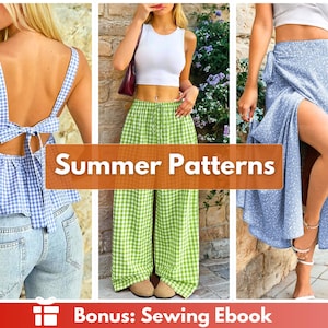 May include: A blue and white gingham tie-back top, green and white gingham wide-leg pants, and a blue floral wrap skirt. The image includes the text Summer Patterns and Bonus: Sewing Ebook. These garments feature various seasonal fabric prints.