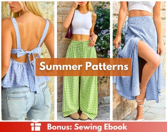 May include: A blue and white gingham tie-back top, green and white gingham wide-leg trousers, and a blue floral wrap skirt. The image includes the text Summer Patterns and Bonus: Sewing Ebook. These garments feature various seasonal fabric prints.