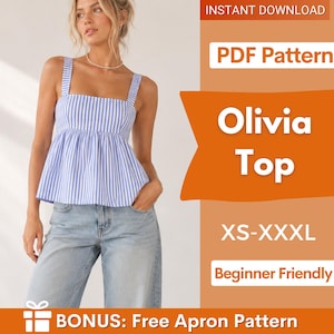 Könnte beinhalten: Ein blau-weiß gestreiftes Schößchen-Top mit breiten Trägern und eckigem Ausschnitt. Der Text auf dem Bild lautet: INSTANT DOWNLOAD, PDF Pattern, Olivia Top, XS-XXXL, Beginner Friendly, BONUS: Free Apron Pattern.