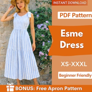 May include: A woman wearing a blue and white striped dress with tie straps. The dress is a PDF pattern called "Esme Dress" and is available in sizes XS-XXXL. The pattern is beginner friendly and includes a bonus free apron pattern.