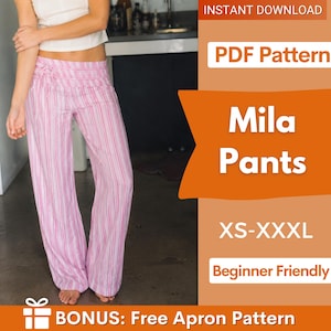 Puede incluir: Pantalones Mila a rayas rosas y blancas. Los pantalones son de pierna ancha y de cintura alta. La imagen también incluye el texto "PDF Pattern", "Mila Pants", "XS-XXXL" y "Beginner Friendly". Bono: Patrón de delantal gratis.