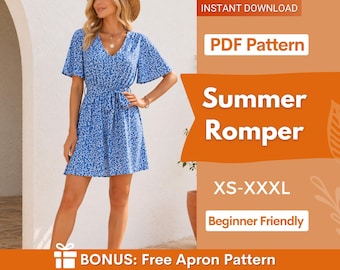 Puede incluir: Un romper azul con estampado floral blanco, que presenta un escote en V, mangas cortas acampanadas y un cinturón para anudar. La imagen incluye el texto: INSTANT DOWNLOAD, PDF Pattern, Summer Romper, XS-XXXL, Beginner Friendly, BONUS: Free Apron Pattern.