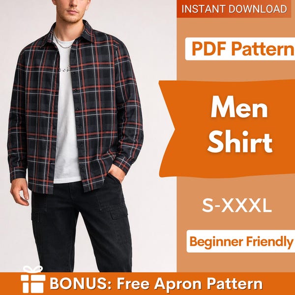 Shirtpatroon voor heren | S-XXXL | Naaipatroon heren | Naaipatroon heren overhemd knopen PDF | Patroon overhemd met knopen voor heren | Direct downloaden