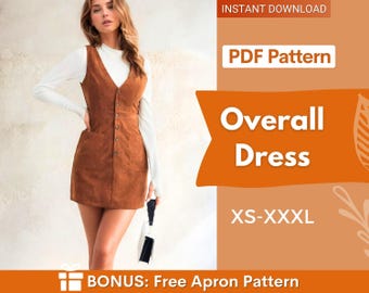 May include: A brown corduroy overall dress featuring a V-neckline, a front button closure, and two patch pockets. The text on the image reads: INSTANT DOWNLOAD, PDF Pattern, Overall Dress, XS-XXXL, BONUS: Free Apron Pattern.