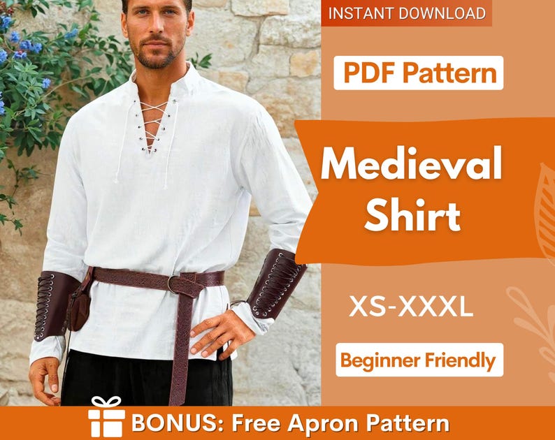Patrón de costura para camisa medieval para hombre, patrón de camisa medieval, patrón de costura para disfraz de hombre, patrón de túnica para cosplay, patrón de disfraz medieval imagen 1