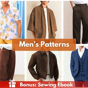 Könnte beinhalten: Eine Sammlung von Schnittmustern für Kleidung, bestehend aus einem kurzärmeligen Hemd mit Palmenblattmuster, einer braunen offenen Jacke, einer dunklen Hose, einer braunen Cordhose, einer braunen Jacke mit Kragen und einem blauen Anzug mit Weste.