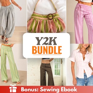 Könnte beinhalten: Eine Collage von Kleidungsstücken im Y2K-Stil. Enthält eine grün-rosa gestreifte Handtasche, eine rosa-weiß gestreifte Hose, ein hellrosa Hemd mit Knöpfen, eine braune Hose und eine grün gestreifte Hose. Der Text "Y2K BUNDLE" ist zu sehen.