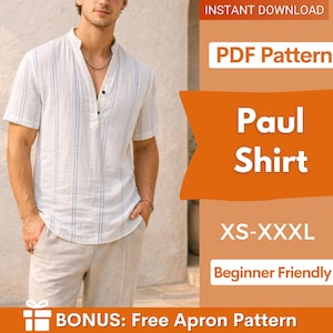 May include: A short-sleeve shirt with a mandarin collar and a vertical blue stripe pattern on a white background. The shirt features a partial button placket with two visible dark buttons. Text on the image includes PDF Pattern, Paul Shirt, XS-XXXL, and BONUS: Free Apron Pattern.