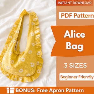 May include: A yellow fabric bag with a daisy pattern and frilled edges. The bag has a long strap and is lying on a white surface. Text on the image reads "Alice Bag", "3 Sizes", and "Beginner Friendly".