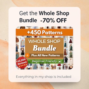 The image is an advertisement for a clothing store bundle that offers a 70% discount on patterns and a whole shop bundle. It features a collage of various clothing items and patterns, along with a call to action to "Get the Whole Shop Bundle" and a "Plus All New Patterns" offer. The ad also includes a "Beginner Friendly" rating and the assurance that everything in the shop is included.