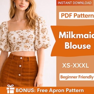 May include: A cream-colored milkmaid blouse with a square neckline and puffed sleeves, adorned with a brown floral pattern. The image also displays a brown corduroy skirt. Text on the image reads "Milkmaid Blouse" and "XS-XXXL".