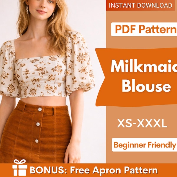 Milkmaid top pattern, XS-XXXL, Puff Sleeve Sewing PDF Pattern Blouse, Cottagecore Pattern, milkmaid blouse, Sewing pattern top, women top