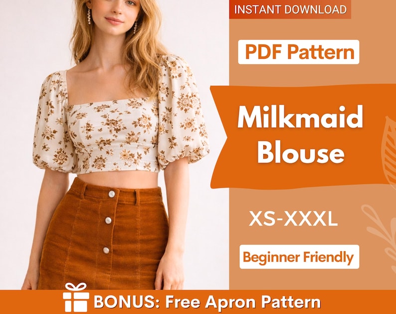 Peut inclure: Un chemisier de style "milkmaid" cr&egrave;me avec un col carr&eacute; et des manches bouffantes, orn&eacute; d'un motif floral marron. L'image pr&eacute;sente &eacute;galement une jupe en velours c&ocirc;tel&eacute; marron. Le texte sur l'image indique "Milkmaid Blouse" et "XS-XXXL".