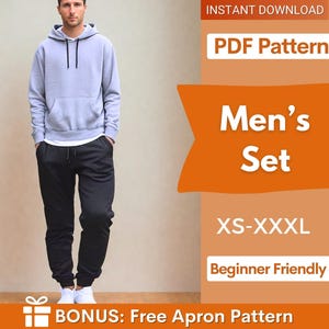 Puede incluir: Una sudadera con capucha gris claro con cordones negros y un bolsillo delantero, combinada con pantalones de chándal negros y zapatillas blancas. La imagen incluye el texto: INSTANT DOWNLOAD, PDF Pattern, Men's Set, XS-XXXL, Beginner Friendly, BONUS: Free Apron Pattern.