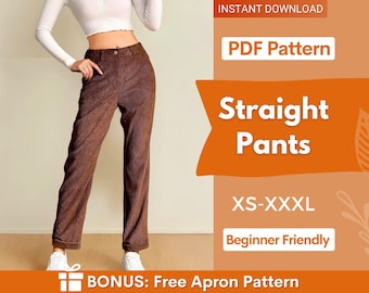 Pants Sewing Pattern | Trousers Pattern | Women Pants Pattern | Straight Leg Pants Pattern | High Waisted Pants Women Sewing Pattern