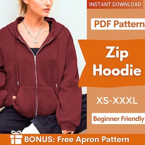 Modèle de sweat à capuche zippé, Sweat à capuche femme, Patron de sweatshirt, Patron de couture femme, Patron de veste zippée, Patrons de couture, Patron de sweat à capuche zippé