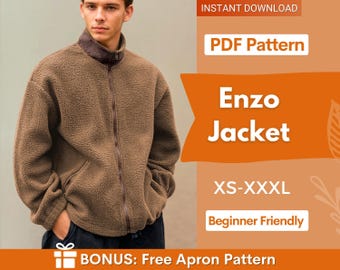 May include: A brown fleece jacket with a high collar and a full-length front zipper. The image includes text: INSTANT DOWNLOAD, PDF Pattern, Enzo Jacket, XS-XXXL, Beginner Friendly, and BONUS: Free Apron Pattern.