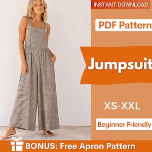 May include: A brown and white checkered jumpsuit with wide legs and pockets. The jumpsuit has a square neckline and buttoned straps. The image includes text that says "Jumpsuit", "PDF Pattern", "XS-XXL", and "Beginner Friendly".