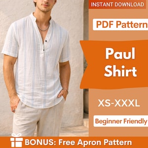 May include: A white shirt with blue vertical stripes and beige trousers. The image features the text "Paul Shirt" and "XS-XXXL". The pattern is beginner-friendly and includes a bonus apron pattern, available as an instant download.