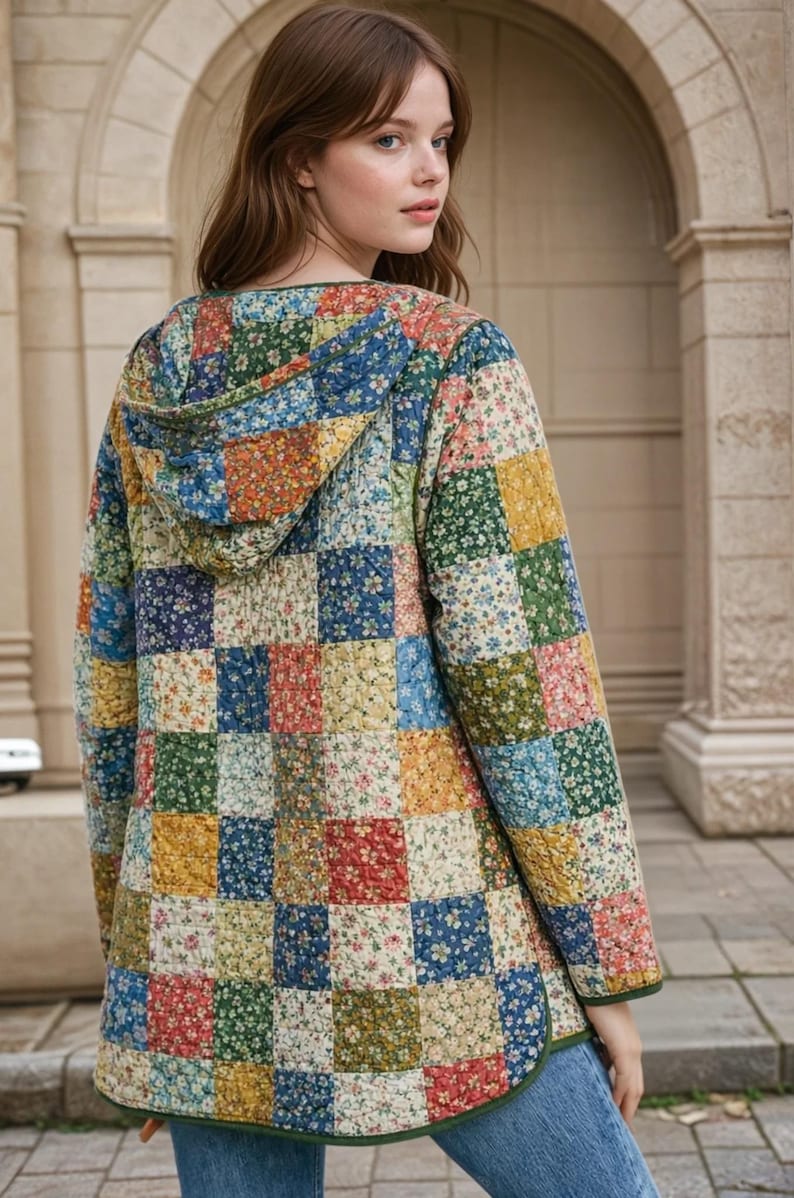 May include: A quilted jacket with a patchwork design. The jacket features a hood and is composed of squares in various colors, including blue, red, yellow, and green, each with a floral pattern. The jacket has a green trim.