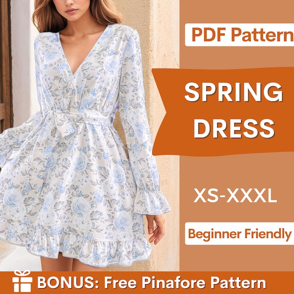 Dress Sewing Pattern for Women PDF | XS-XXXL | Long Sleeved Dress Pattern | Women Sewing Pattern | Sewing Pattern Dress | Sewing Project