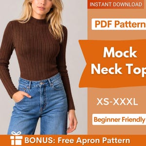 Peut inclure: Un haut à col montant côtelé marron à manches longues porté avec un jean bleu. L'image contient le texte : INSTANT DOWNLOAD, PDF Pattern, Mock Neck Top, XS-XXXL, Beginner Friendly, et BONUS: Free Apron Pattern sur un fond orange.