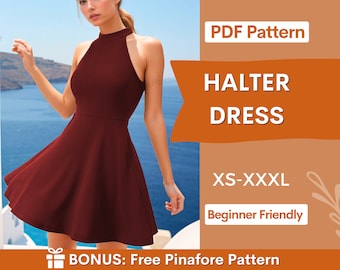 Halterjurk naaipatroon | Jurkpatroon | Naaipatronen | Patronen voor vrouwen | Galajurk | Zomerjurk | Eenvoudig jurkpatroon PDF XS-XXXL