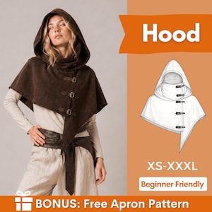 Puede incluir: Una capa con capucha de color marrón oscuro con dobladillo asimétrico y tres cierres de hebilla frontales. La imagen incluye un dibujo lineal blanco de la capucha, el texto Hood, XS-XXXL, Beginner Friendly y BONUS: Free Apron Pattern.