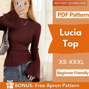May include: A burgundy ribbed top with flared sleeves. The image includes text that reads "Lucia Top" and "XS-XXXL". The top is paired with denim jeans. The image also includes the text "Beginner Friendly".