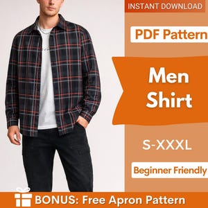 Op de afbeelding: Een overhemd met lange mouwen en knopen in een zwart, grijs en rood ruitpatroon, gedragen over een wit T-shirt en een zwarte broek. De afbeelding bevat de tekst: INSTANT DOWNLOAD, PDF Pattern, Men Shirt, S-XXXL, Beginner Friendly, BONUS: Free Apron Pattern.