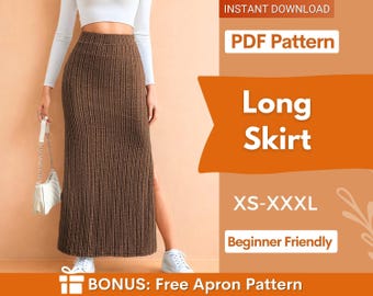 May include: A brown ribbed long skirt with a side slit, presented as a PDF pattern. The text on the image reads: INSTANT DOWNLOAD, PDF Pattern, Long Skirt, XS-XXXL, Beginner Friendly, BONUS: Free Apron Pattern. The skirt is worn with a white top.