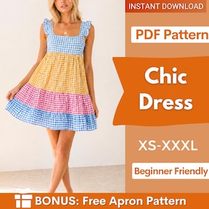May include: A colourful tiered dress with a gingham pattern in blue, yellow, and pink. The dress features a square neckline and ruffled straps. The image also includes text that says "Chic Dress" and "PDF Pattern".