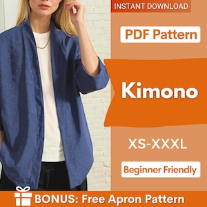 May include: A blue kimono with three-quarter length sleeves and an open front. The image includes text: INSTANT DOWNLOAD, PDF Pattern, Kimono, XS-XXXL, Beginner Friendly, and BONUS: Free Apron Pattern. The garment is worn over a white shirt.