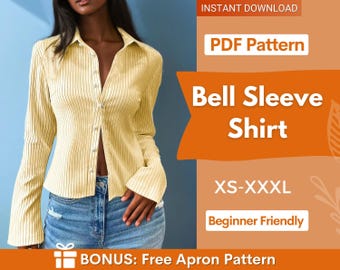 Shirt Pattern for Women, Flared Sleeves Shirt, Bell Sleeves Shirt Sewing Pattern, Button Up Shirt, Sewing patterns for Women, Blouse Pattern