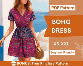 Boho Dress Sewing pattern | XS- XXL | Dress pattern | Wrap Dress | Summer dress | Women sewing pattern | Sewing Patterns | Short Dress