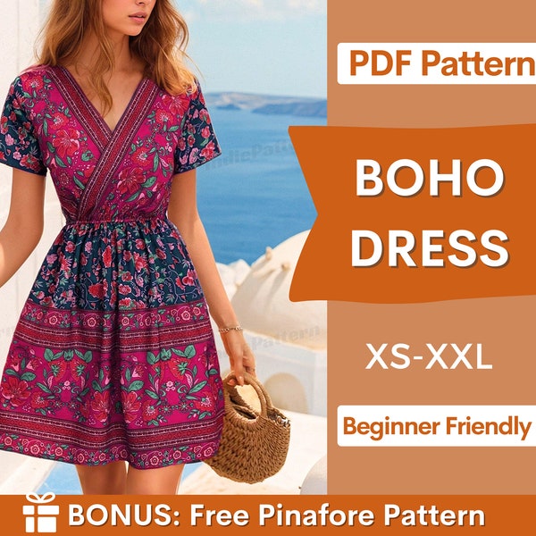 Boho Dress Sewing pattern | XS- XXL | Dress pattern | Wrap Dress | Summer dress | Women sewing pattern | Sewing Patterns | Short Dress