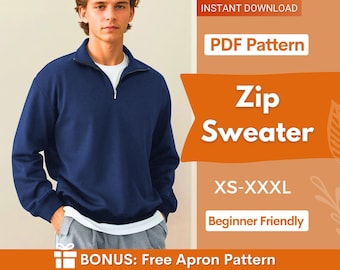 Patrón de costura para suéter de hombre / Suéter con cremallera / Suéter con cremallera / Patrón de sudadera para hombre / Patrones de costura para hombre / Patrón de sudadera para hombre