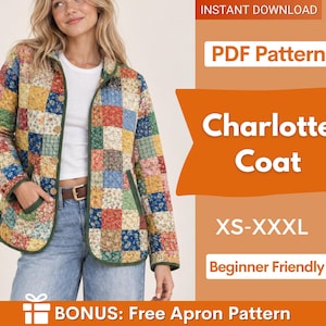 Może przedstawiać: Pikowana kurtka w wielokolorowy kwiatowy wzór patchworkowy z zielonymi wykończeniami, guzikami i kieszeniami. Tekst głosi: INSTANT DOWNLOAD, PDF Pattern, Charlotte Coat, XS-XXXL, Beginner Friendly, BONUS: Free Apron Pattern.